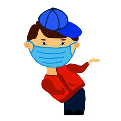 Boy in blue cap, college red Jacket leaned on side in medicine mask. Vector illustration young, casual man. Emoji cool outlined portrait. Vector sick boy in a blue baseball cap shows a hand gesture
