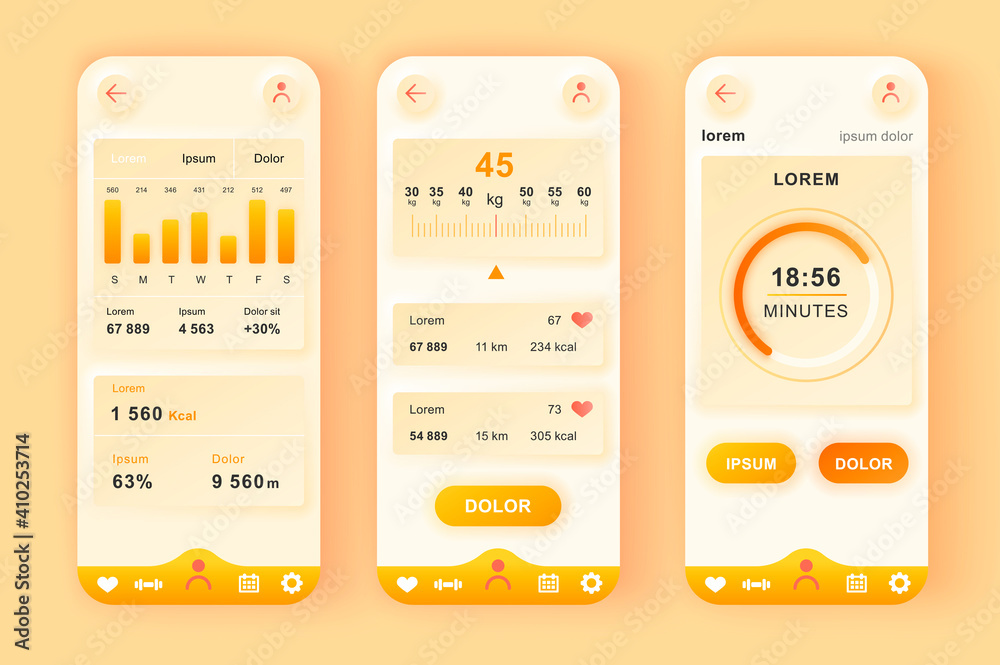 Aufkleber Fitness workout unique neomorphic design kit. Personal trainer app with activity analytics, strength and cardio training. UI UX templates set. Vector illustration of GUI for responsive mobile app.