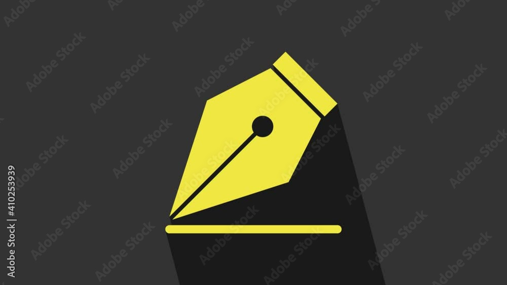 Poster yellow fountain pen nib icon isolated on grey background. pen tool sign. 4k video motion graphic ani