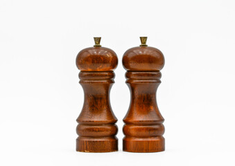 salt and pepper mill, wooden cruet set white background full depth of field