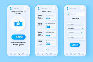 Medical services unique neomorphic design kit. Online solution for booking an appointment with doctor at medical center. UI UX templates set. Vector illustration of GUI for responsive mobile app.
