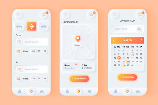Delivery service unique neomorphic design kit. Express delivery solution with shipping time, calendar planner, route on map. UI UX templates set. Vector illustration of GUI for responsive mobile app.