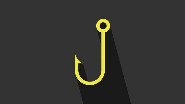 Yellow Fishing hook icon isolated on grey background. 4K Video motion graphic animation