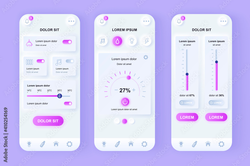 Leinwandbilder Smart Home unique neomorphic design kit. Internet of things technology of home automation system. Remote control of house UI UX templates set. Vector illustration of GUI for responsive mobile app.