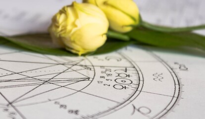 Detail of printed astrology chart with Venus plane and Sunt; yellow little roses in the background; astrology st Valentin  and Women's day background