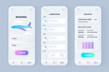 Flight booking unique neomorphic design kit. Online air tickets search and reservation, departure and arrival destinations, airfare. UI UX templates set. Vector illustration of GUI for mobile app.