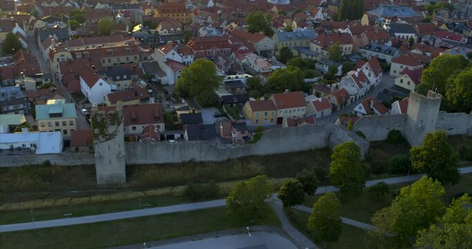 Aerial view over city of Visby during an summer sunset, Sweden