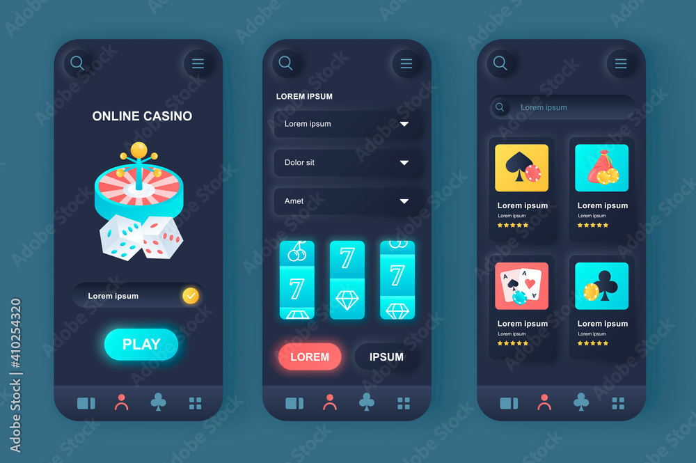 Poster online casino unique neomorphic design kit. gambling games online platform, slot machine and roulett