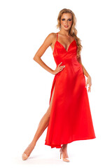 Young beautiful happy blonde woman in red dress