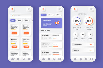 Online learning platform unique neomorphic design kit. Distance learning, online education, professional seminars and courses. UI UX templates set. Vector illustration of GUI for responsive mobile app