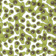 Seamless pattern with green avocado. Food background. Autumn and summer illustration with colorful cute fruits. Eco concept. Vector print for invitation, poster, card, fabric, textile.