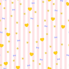 Seamless pattern with yellow hearts, blue bows and golden flowers on pink background. Ornament with hearts, bands and flowers on a salmon color texture. Lovely cute vector design for underwear.