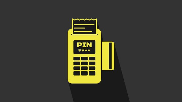 Yellow POS terminal with inserted credit card and printed reciept icon isolated on grey background. NFC payment concept. 4K Video motion graphic animation