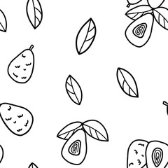 Avocado seamless pattern on a white background. Vector black and white background from outline avocado, avocado halves and leaves in doodle style for print, textile, coloring.