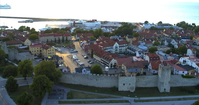 Aerial view over city of Visby during an summer sunset, Sweden