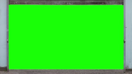 Grungy Urban Metal Store Shutters Opening And Then Closing, With Green Screen Behind