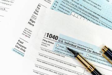 1040 Tax Form. Tax Payment Concept. Filing Taxes Document on Table in Office. Individual Income Tax Return