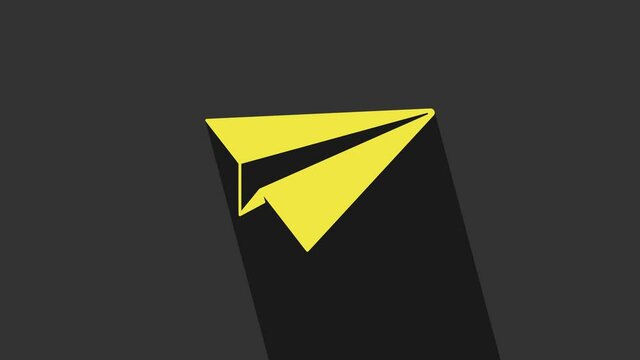 Yellow Paper plane icon isolated on grey background. Paper airplane icon. Aircraft sign. 4K Video motion graphic animation