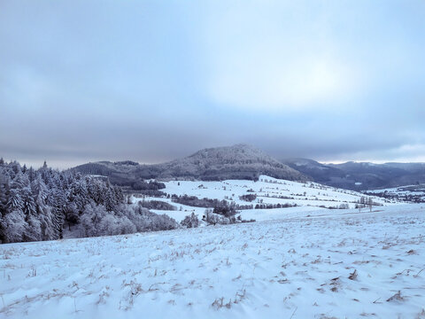 Winter landscape of polish Sowie gory. Beautiful mountain area in central Sudeten, Poland