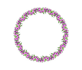 Vector hand drawn round frame pattern of hibiscus branches and leaves of tropical trees. Botanical ornament.