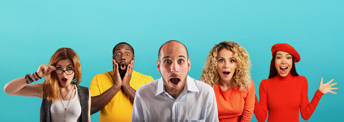 People with wondered, surprised and happy expression are shocked for new revelation . Cyan...
