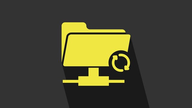 Yellow FTP sync refresh icon isolated on grey background. Software update, transfer protocol, router, teamwork tool management, copy process. 4K Video motion graphic animation