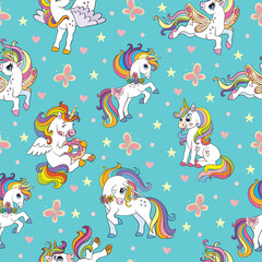 Seamless pattern cute unicorns with rainbow mane vector