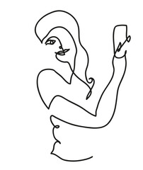 One line drawing of woman holding and using mobile phone taking selfie
One continuous line drawing of young beautiful woman and selfie concept.