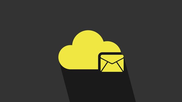 Yellow Cloud mail server icon isolated on grey background. Cloud server hosting for email. Online message service. Mailbox sign. 4K Video motion graphic animation