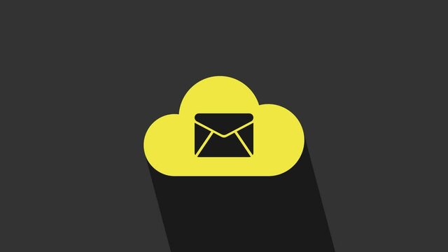 Yellow Cloud mail server icon isolated on grey background. Cloud server hosting for email. Online message service. Mailbox sign. 4K Video motion graphic animation