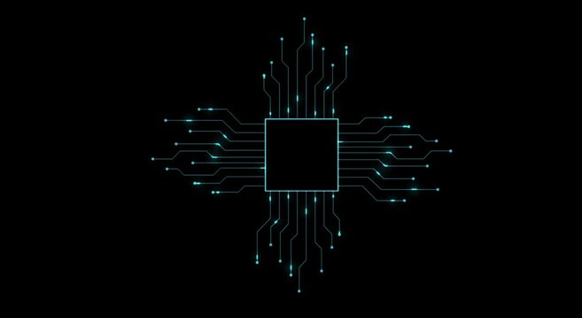 4K animation chip set cpu controller and print circuit for text or logo. Electrical signals flowing in electrical conductors. Technology cyber and futuristic concept. Space text