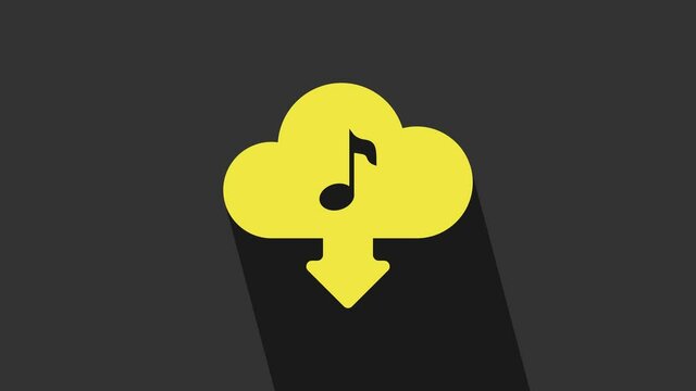 Yellow Cloud download music icon isolated on grey background. Music streaming service, sound cloud computing, online media streaming, audio wave. 4K Video motion graphic animation