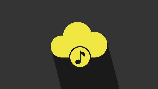 Yellow Music streaming service icon isolated on grey background. Sound cloud computing, online media streaming, online song, audio wave. 4K Video motion graphic animation