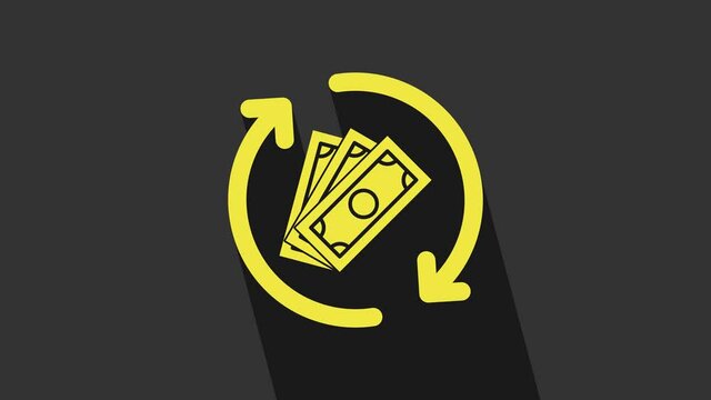 Yellow Refund money icon isolated on grey background. Financial services, cash back concept, money refund, return on investment, savings account. 4K Video motion graphic animation