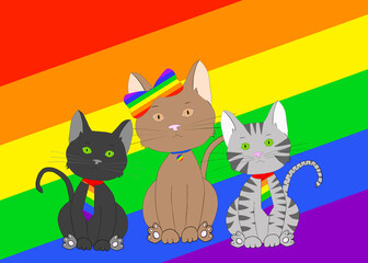 Illustration hand drawn cartoon of three diverse kitty cats wearing rainbow pride colored ties and bow in front of a tilted rainbow flag looking directly at viewer. Gay Pride theme