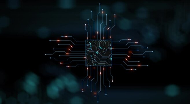 4K animation chip set cpu controller and print circuit for text or logo. Electrical signals flowing in electrical conductors. Technology cyber and futuristic concept. Space text