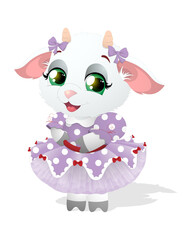 Vector illustration of baby girl goat in lilac evening dress and hair bows isolated on white background