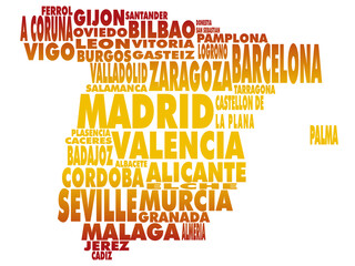 Spain map, colorful illustration made of names of Spanish largest cities
