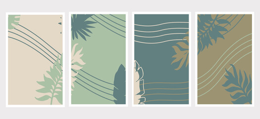 posters in the style of minimalism, with herbs, flowers, leaves in warm green pastel colors