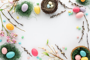 Top down view of Easter decorations arranged in a border with copy space in the middle.