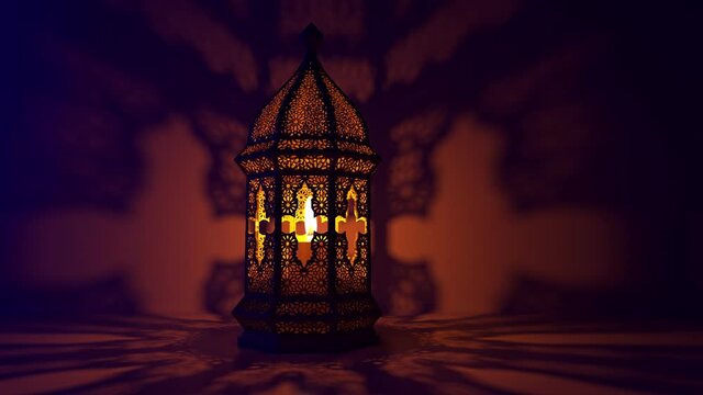 The Islamic lantern in its traditional appearance burns with an endless flame. Appears from the right and stops. The last 200 frames are in a loop.