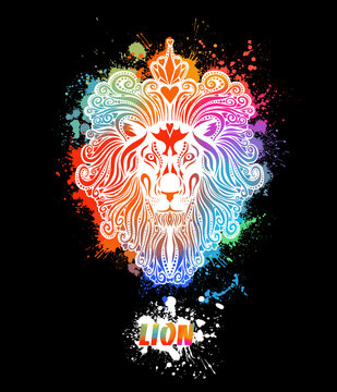 The lion is multicolored from the blots. Lion head symbol logo. Mixed media. Vector illustration