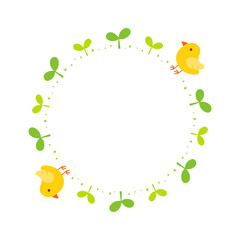 Sprouts with cute chicks decorative round frame isolated on white background.