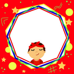 Banner template design with children, geometric abstract frame. Smiling boy in red cap in colorful frame for text, avatar, card. Vector illustration on red background. Greeting card with stars, rounds
