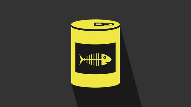 Yellow Canned food for cat icon isolated on grey background. Fish skeleton sign. Food for animals. Pet dog food can. 4K Video motion graphic animation
