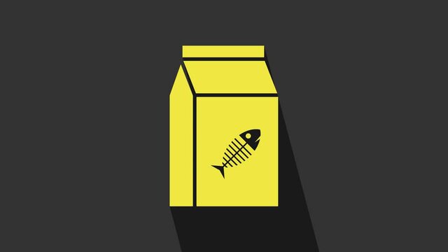 Yellow Bag of food for cat icon isolated on grey background. Fish skeleton sign. Food for animals. Pet food package. 4K Video motion graphic animation