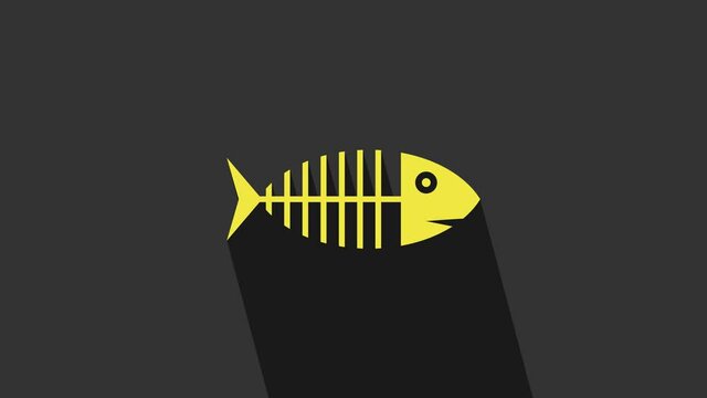 Yellow Fish skeleton icon isolated on grey background. Fish bone sign. 4K Video motion graphic animation