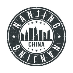 Nanjing China Skyline. Round Postmark Icon City Design. Vector Landmark Travel.