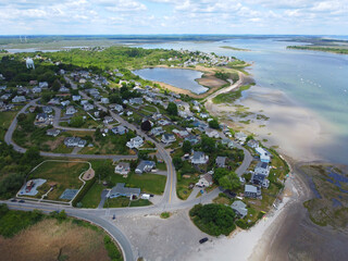Historic village on Great Neck and Pavilion Beach aerial view at Ipswich Bay in town of Ipswich,...