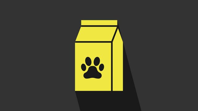 Yellow Bag of food for pet icon isolated on grey background. Food for animals. Pet food package. Dog or cat paw print. 4K Video motion graphic animation